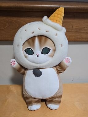 NWT 17in Mofusand Plush Cat with Yellow Ice Cream Hat - Cream & Brown